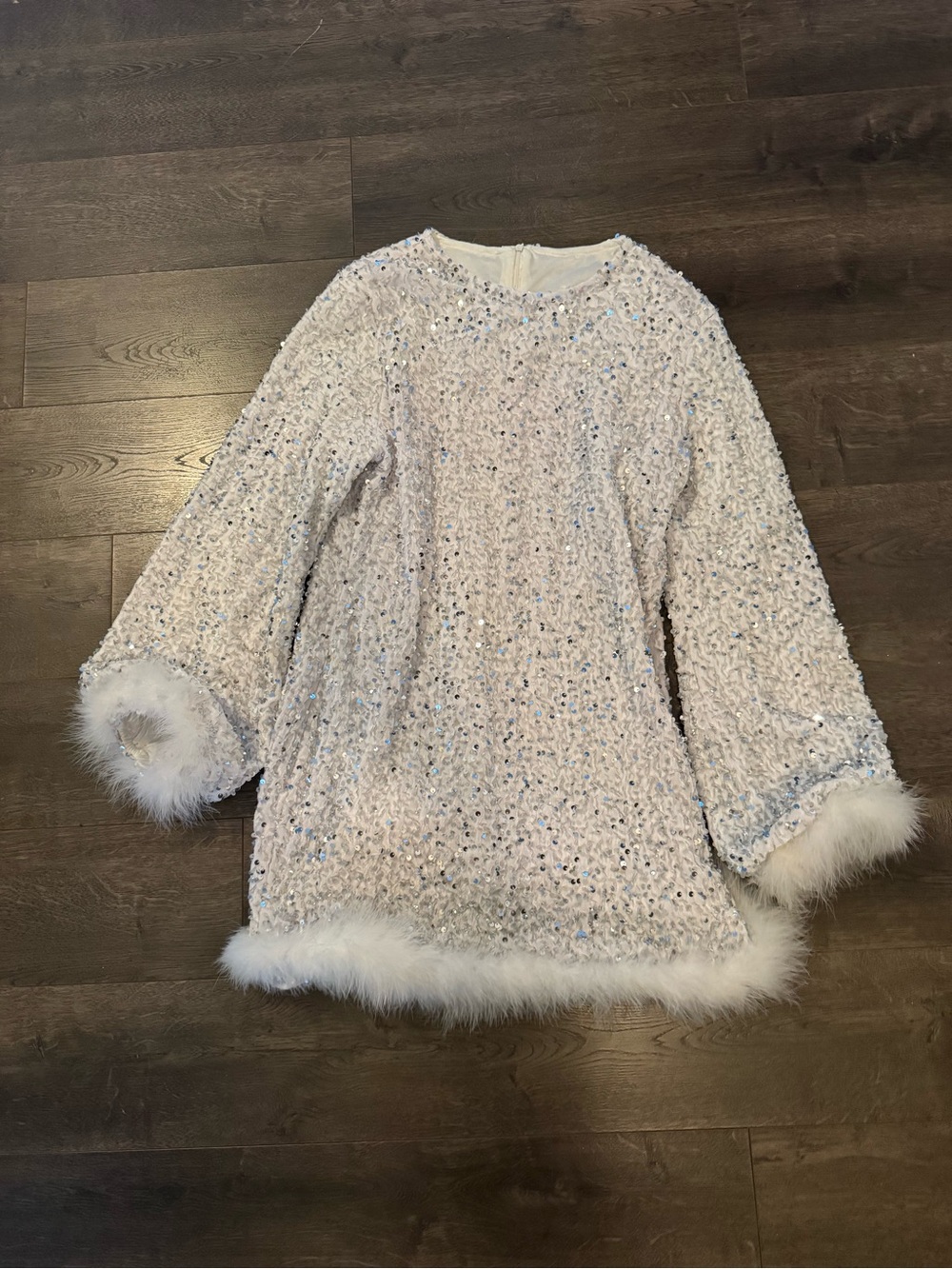 Sparkling White Sequin & Faux Fur Trim Dress